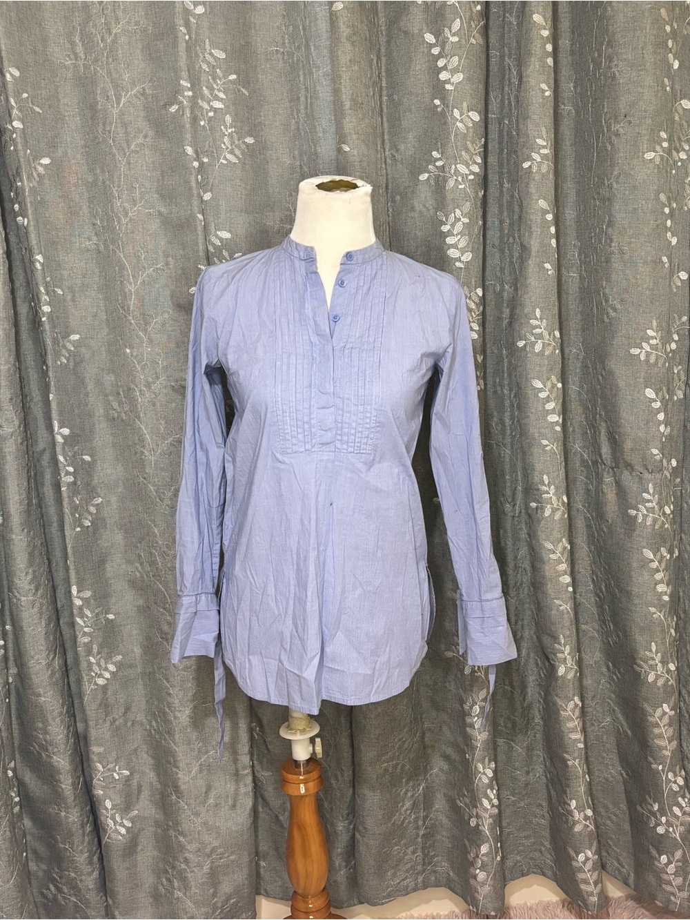 Ann Taylor Light Blue Pintuck Mandarin Collar Shirt